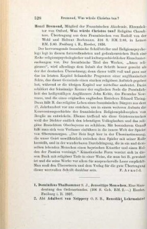 528 [Rezension] Bremond, Henri, Was würde Christus tun?