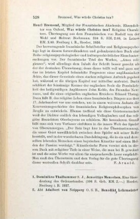 528 [Rezension] Bremond, Henri, Was würde Christus tun?