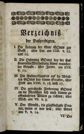 Verzeichniß der Bußpredigten.