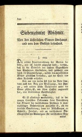 Siebzehnter Abschnitt. Von den äußerlichen Sinnen überhaupt, und von dem Gefühle besonders
