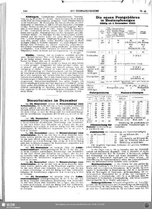 Die neuen Postgebühren in Rentenpfennigen. Gültig ab 1. Dezember 1923