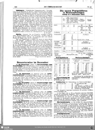 Die neuen Postgebühren in Rentenpfennigen. Gültig ab 1. Dezember 1923