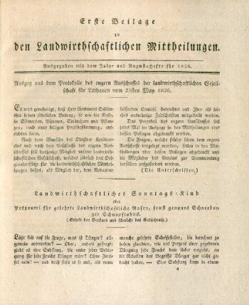 Erste Beilage zu den Landwirthschaftlichen Mittheilungen. Ausgegeben mit dem July- und August-Hefte für 1826.