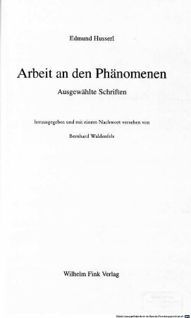 Arbeit an den Phänomenen : ausgewählte Schriften