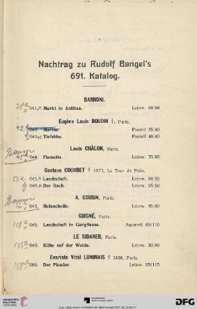 Nachtrag zu Rudolf Bangel's 691. Katalog (Nr. 641 - 656)