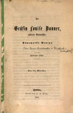 Die Gräfin Louis Danner, geborne Rasmussen, Dänemarks Genius : Aus dem Dänischen