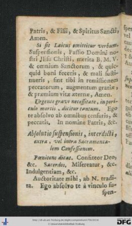 Absolutio suspensionis, interdicti, extra, vel intra Sacramentalem Confessionem.