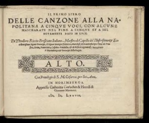 Teodoro Riccio: Il primo libro delle canzone alla napolitana a cinque voci ... Alto