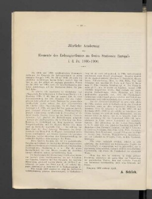 Jährliche Aenderung der Elemente des Erdmagnetismus an festen Stationen Europa's i. d. Jn. 1895-1900.