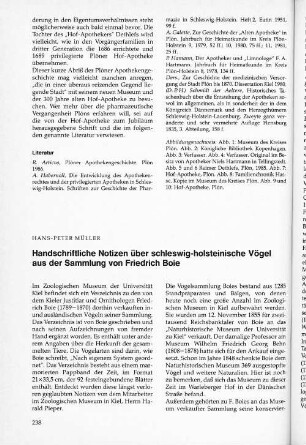 Handschriftliche Notizen über schleswig-holsteinische Vögel aus der Sammlung von Friedrich Boie