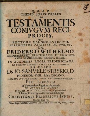 Theses Inavgvrales De Testamentis Conivgvm Reciprocis