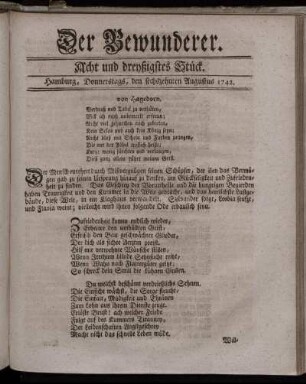 Acht und dreyßigstes Stück. Hamburg, Donnerstags, den sechszehnten Augustus 1742.