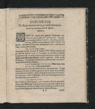 Dicursus De statu monetario, quod mutationem in incremento & decremento.