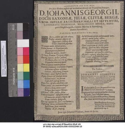 Ad Jehovam Ter Opt. Max. Pro felici Electurae auspicio & incolumitate Sereniss. & Potentissimi Principis, D. Johannis Georgii, Ducis Saxoniae ... Parodia Horatiana Ex lib. 1. Ode 35.