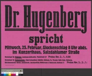 Plakat der [DNVP] zu einer Wahlkundgebung mit [Alfred] Hugenberg am 25. Februar 1931 in Braunschweig