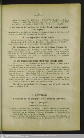 1. Uebersicht des im Schuljahre 1873/74 ertheilten Unterrichts