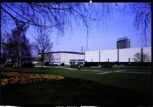 Offenburg: Ausstellungsgelände mit Oberrheinhalle, Vordergrund Wiese und Blumen [im Hintergrund Burda-Hochhaus]