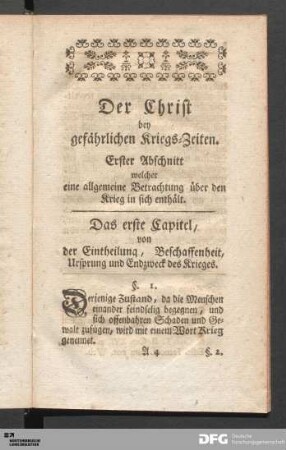 Das erste Capitel, von der Eintheilung, Beschaffenheit, Ursprung und Endzweck des Krieges.