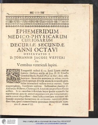 Ephemeridum Medico-Physicarum Curiosarum Decurieae Secundae Anni Octavi