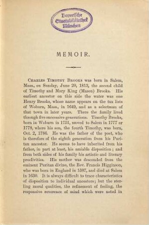Poems, original and translated by Charles T. Brooks : With as memoir by Charles W. Wendte. Selected and edited by W. P. Andrews