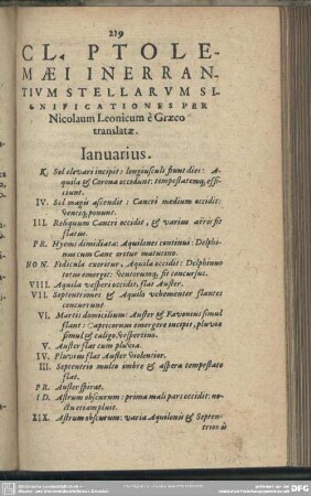 Cl. Ptolemaei Inerrantium Stellarum Significationes Per Nicolaum Leonicum e Graeco translate