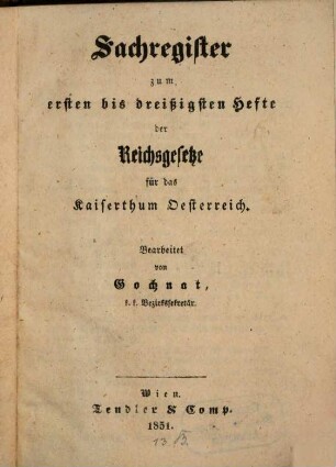 Reichsgesetze für das Kaiserthum Österreich. [10,a]. 1851