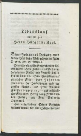 Lebenslauf des seligen Herrn Bürgermeisterns