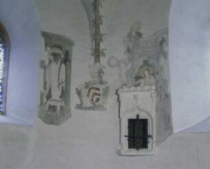 Kreuzigung Christi, Heilige und schildtragende Engel