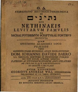 Exercitatio hist. philol. de Netînîm sive Nethinaeis, Levitarum famulis ex sacrae potissimum scripturae fontibus instituta