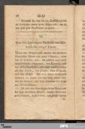 XI. Von den sonderbaren Geschäfte des Wiederkäuens einiger Thiere.