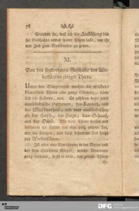 XI. Von den sonderbaren Geschäfte des Wiederkäuens einiger Thiere.