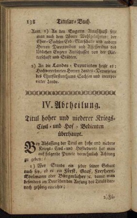 IV. Abtheilung. Titul hoher und niederer Kriegs- Civil- und Hof-Bedienten überhaupt.