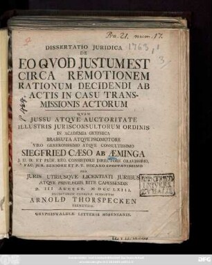 Dissertatio Juridica De Eo Qvod Justum Est Circa Remotionem Rationum Decidendi Ab Actis In Casu Transmissionis Actorum