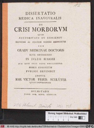 Dissertatio Medica Inavgvralis De Crisi Morborvm