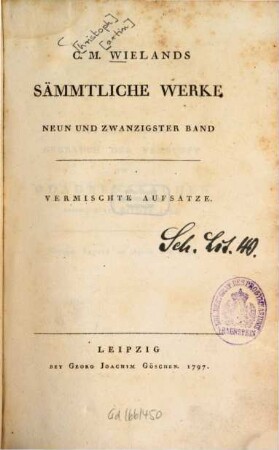 C. M. Wielands Sämmtliche Werke, 29. Vermischte Aufsätze