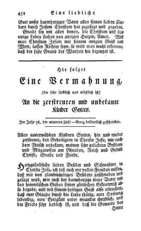 Hie folget Eine Vermahnung, (die sehr lieblich und tröstlich ist) An die zerstreuten und unbekante Kinder Gottes