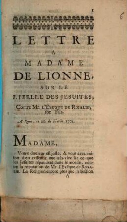 Lettre à Madame de Lionne, sur le libelle des Jésuites, contre M. l'evêque de Rosalie