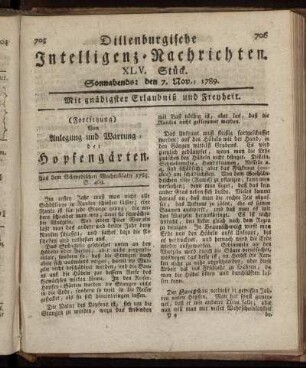 XLV. Stück. Sonnabends: den 7. Nov., 1789.