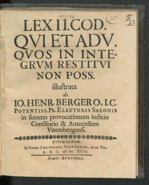 Lex II. Cod. Qui Et Adv. Quos In Integrum Restitui Non Poss.