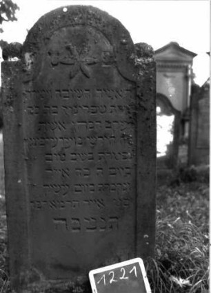 Grabstein 1221 (Index: 100104405) Material: Sandstein Zustand: gut erhalten Maße HxBxT: 140x66x10 cm Beschreibung: Stele mit eingezogenem Rundbogenabschluss, auf den Einzügen kugelförmige Aufsätze, Schriftfeld eingetieft mit Konvexbogenabschluss, im Bogenfeld Blüte Symbolik: Blüte: Grabstein 1221
