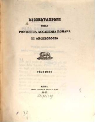 Dissertazioni della Pontificia Accademia Romana di Archeologia. 9. 1840