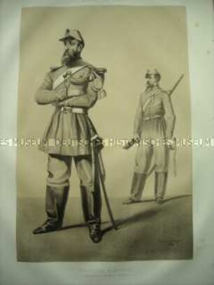 Uniformdarstellung, Gemeine des Afrikanischen Jäger-Regiments in Parade- bzw. Feld-Uniform, Frankreich, 1859. Tafel 36 im Buch: Armand-Dumaresq: Uniformes de l'Armée Française.