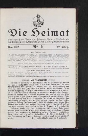November 1917, 27. Jahrgang, Nr. 11 : Monatsschrift des Vereins zur Pflege der natur- und Landeskunde in Schleswig-Holstein, hamburg, Lübeck und dem Fürstentum Lübeck.