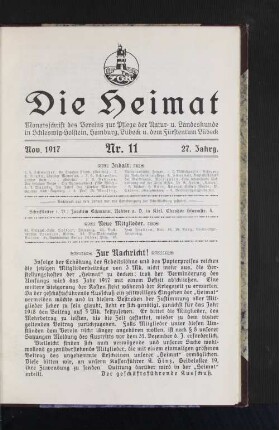 November 1917, 27. Jahrgang, Nr. 11 : Monatsschrift des Vereins zur Pflege der natur- und Landeskunde in Schleswig-Holstein, hamburg, Lübeck und dem Fürstentum Lübeck.