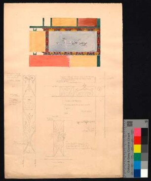 Wanddekoration mit Detailansichten der Friese und Rahmungen im Stil pompejanischer Wandmalereien