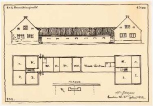 Musterhäuser für Kleinsiedlungen: 2 x 2 Familienhaus Vorderansicht und Grundrisse 1:100, 1 Detail 1:1000