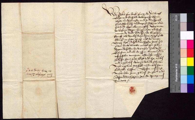 Zdislaus Berka von Duba auf Böhmisch Leipa und Reichstadt (Zdislaus herr Bergk herre von der Daube uff Leippe und Reichstad), Landvogt des Markgraftums Oberlausitz, bestätigt dem Bürgermeister und Rat der Stadt Bautzen den Empfang von 22 1/2 Schock Groschen an königlicher Jahrrente zu Georgii 1546. | Digitalisierung: Stadtarchiv Bautzen