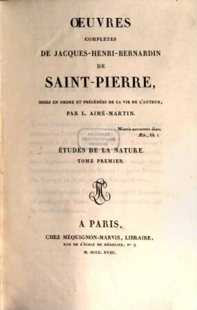 Oeuvres complètes de Jacques-Henri-Bernardin de Saint-Pierre. 3, Études de la nature ; T. 1