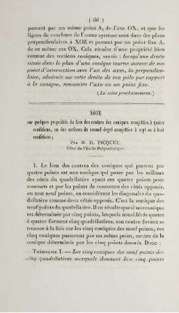 Note sur quelques propriétés du lieu des centres des coniques assujetties à quatre conditions, ou des surfaces du second degré assujetties à sept ou à huit conditions.