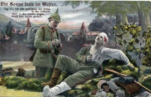 "Die Sonne sank im Westen. Sag ihr, ich wär geblieben, bei Sedan in der Schlacht, Hätt' in den letzten Zügen, Noch treu an sie gedacht." Feldpostkarte an Babette Müller, Ellerstadt, von ihrem Bruder Jakob Müller, Musketier, III. Ersatz-Kompanie, I. Ersatz-Bataillon, Infanterie-Regiment 111, zur Zeit Truppenübungsplatz Heuberg
